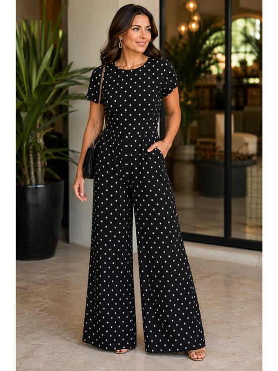 Lauren Ralph Lauren Pants - Lauren Ralph Lauren Polka Dot Wide Leg Jumpsuit Black White Sz 2 short sleeve